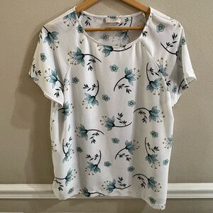 LOFT Floral Print Blouse - White and Blue